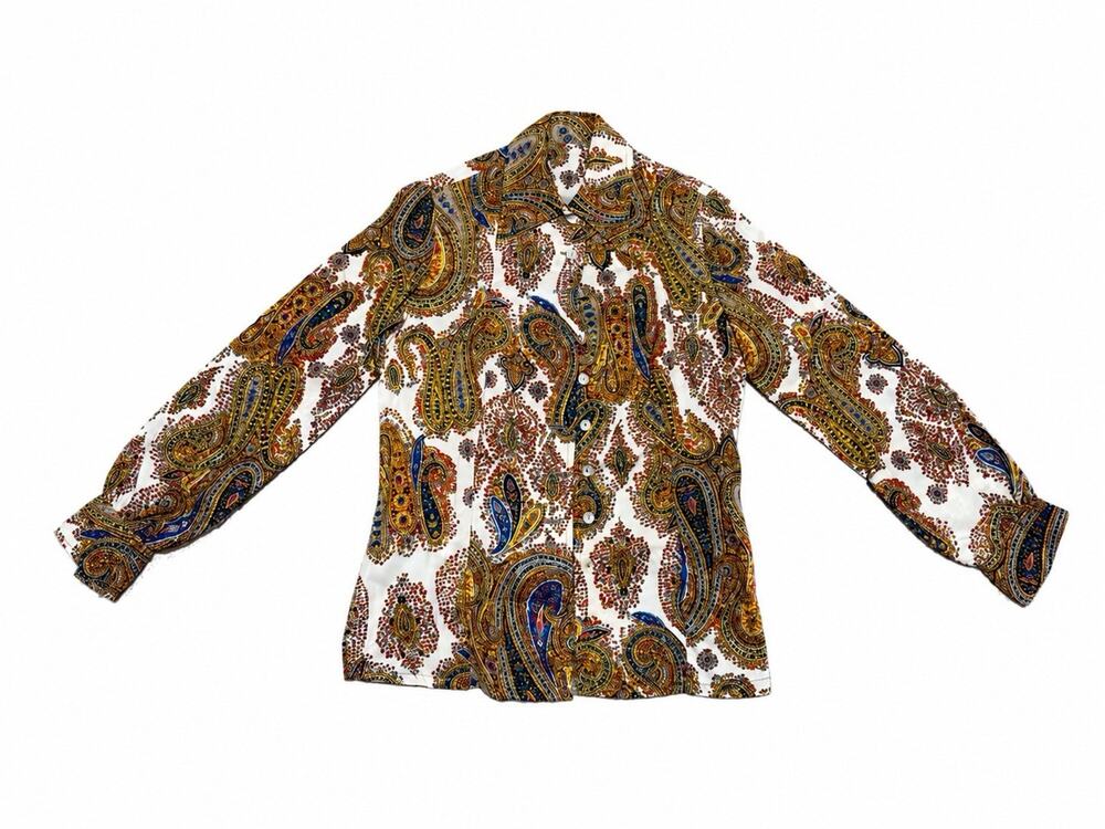 Women’s Small Multicolor Paisley Button Front Long Sleeve Blouse Vintage Style